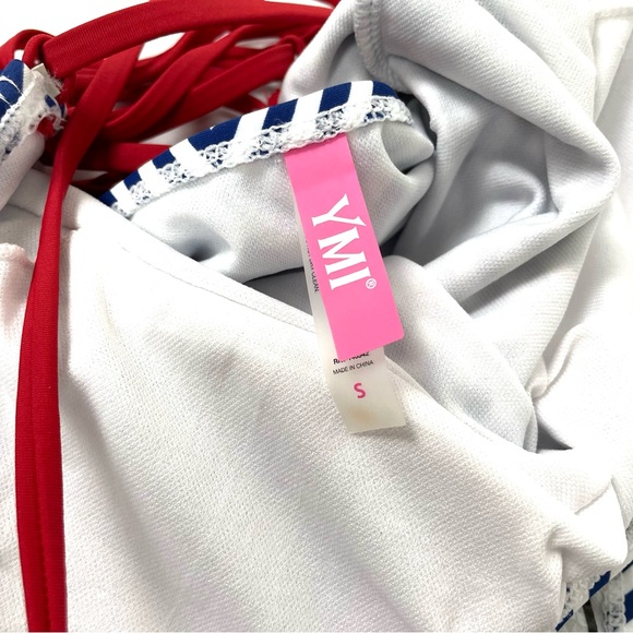 YMI Red, White & Blue Geometric Pattern Lace-up Back One Piece Swimsuit Sz S - Picture 4 of 4